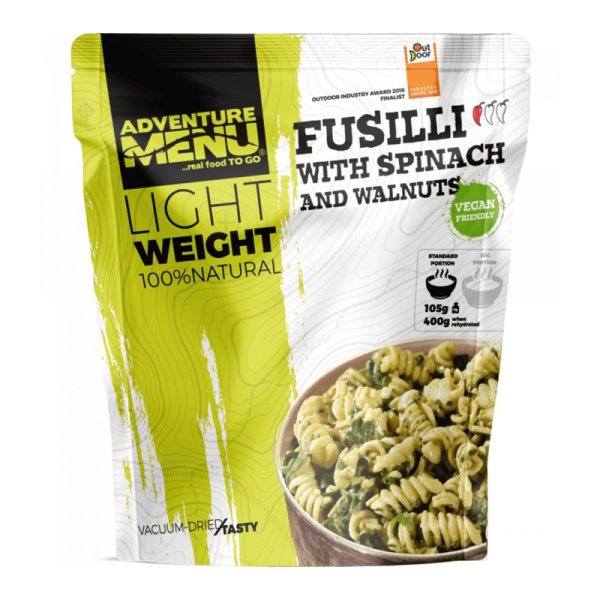 Adventure Menu | Fusilli mit Spinat und Walnüssen Große Portion | Gefriergetrocknete Lebensmittel | 158g