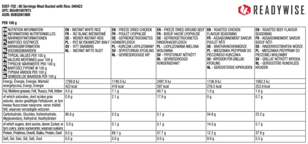 ReadyWise 80 Portionen Fleisch &amp; Reis Eimer | Gefriergetrocknete Lebensmittel | 1730g
