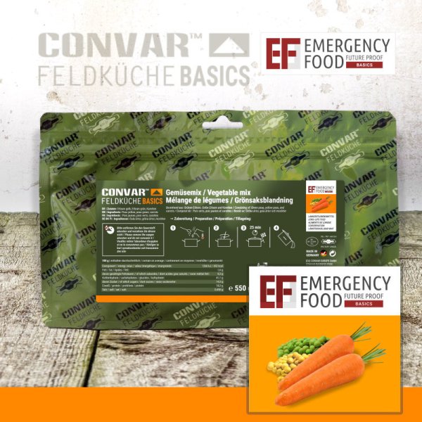 Convar Emergency Food | Notfall-Gemüsemischung | Gefriergetrocknete Lebensmittel | 550g