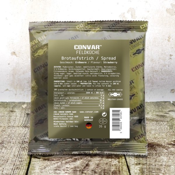Convar Emergency Food | Notfallnahrung Erdbeerkonfitüre 35g 10 Jahre haltbar | Grundnahrungsmittel | 35g